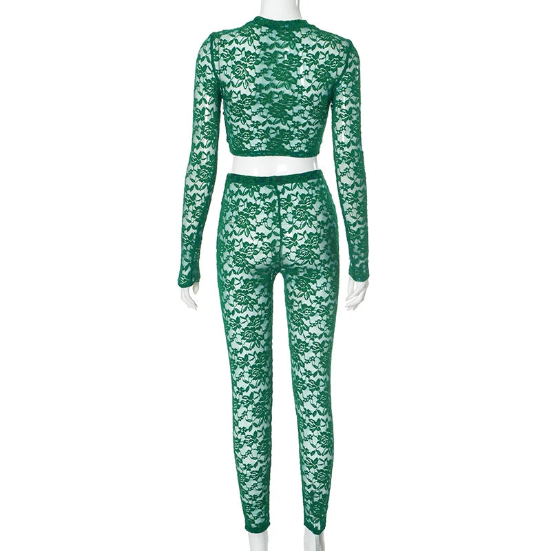 See Through O-Neck Crop Tops+Leggings Skinny Stretch Matching Midnight Party Clubwear