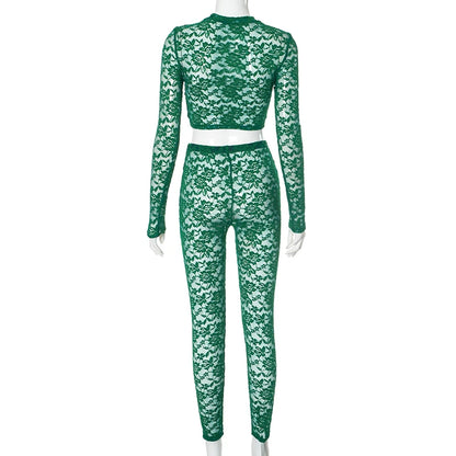 See Through O-Neck Crop Tops+Leggings Skinny Stretch Matching Midnight Party Clubwear