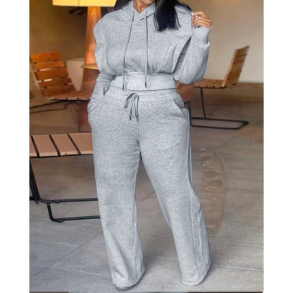 Elegant Tied Detail Hooded Long Sleeve Sweatshirt + Wide Leg Sweatpants Set for Autumn/Winter