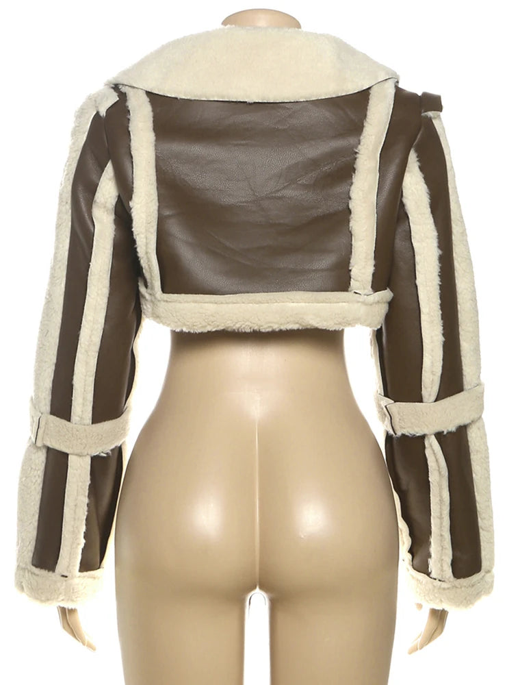 Furry Patchwork Women Crop Jacket Hipster Full Sleeve Open Stitch Hipster Streetwear Warm Outwear Basic Wild Coat