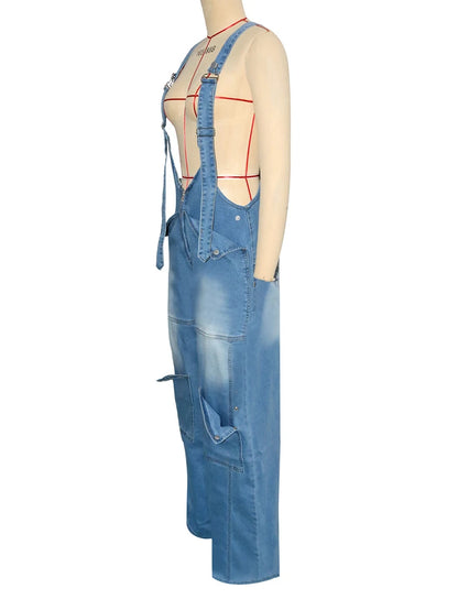 Loose High Waisted Zipper Denim Cargo Jumpsuits