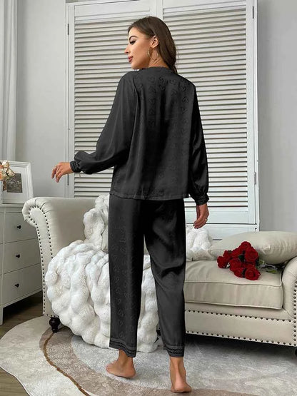 Satin Trousers + V-Neck Comfortable Jacquard Pajama Sets