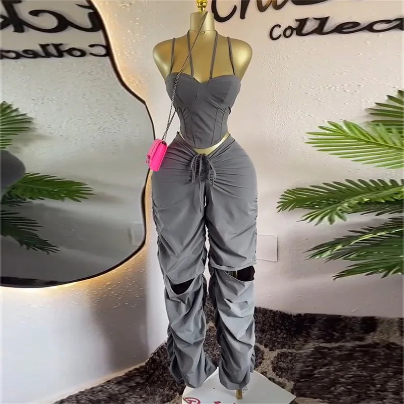 Strap Tunic Crop Tops + Stacked Ruched Pant Sets