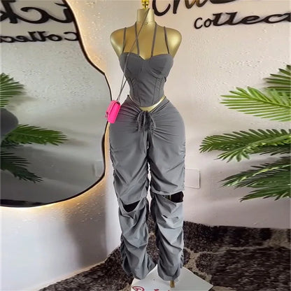 Strap Tunic Crop Tops + Stacked Ruched Pant Sets