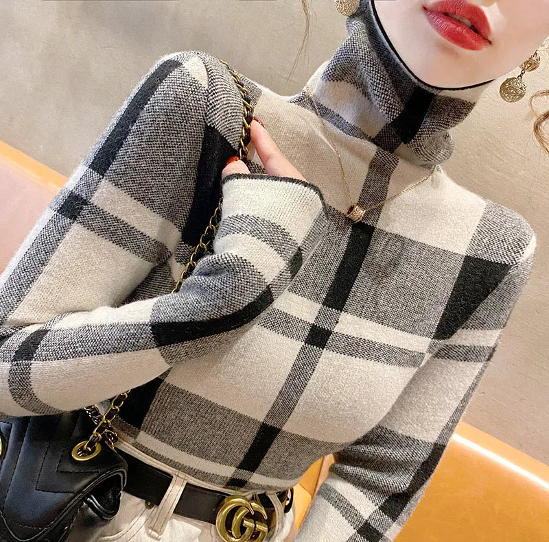 Kyli's Basic Soft Elastic Slim Turtleneck Wool Knitted Sweaters (Vintage Plaid)