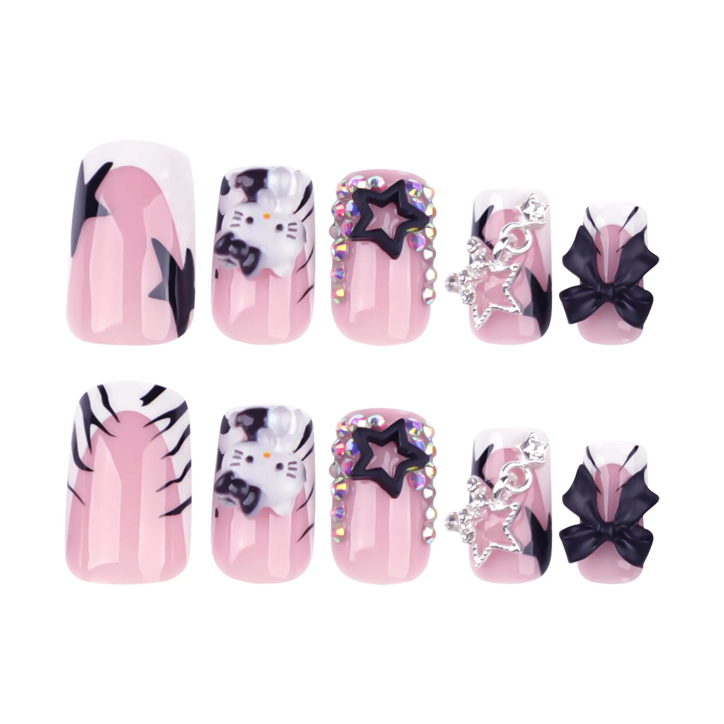 24Pcs Duckbill Nails Press on Y2K French Black Fake Nails Tips with Hellokitty Metal Charms Full Cover Acrylic False Nail