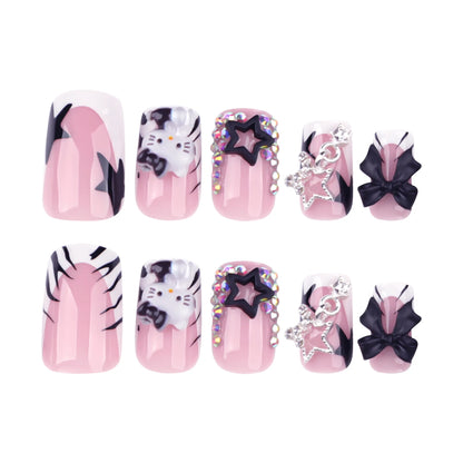 24Pcs Duckbill Nails Press on Y2K French Black Fake Nails Tips with Hellokitty Metal Charms Full Cover Acrylic False Nail