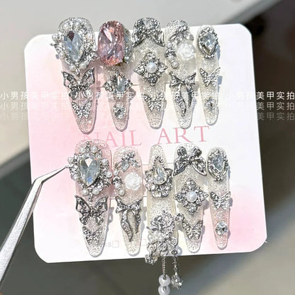 10Pcs Luxury Court Handmade Long Stiletto Full Cover Nails 3D Spice Girl Sparkling Diamond Bow Pearl Flowers Wearable Fake Nails