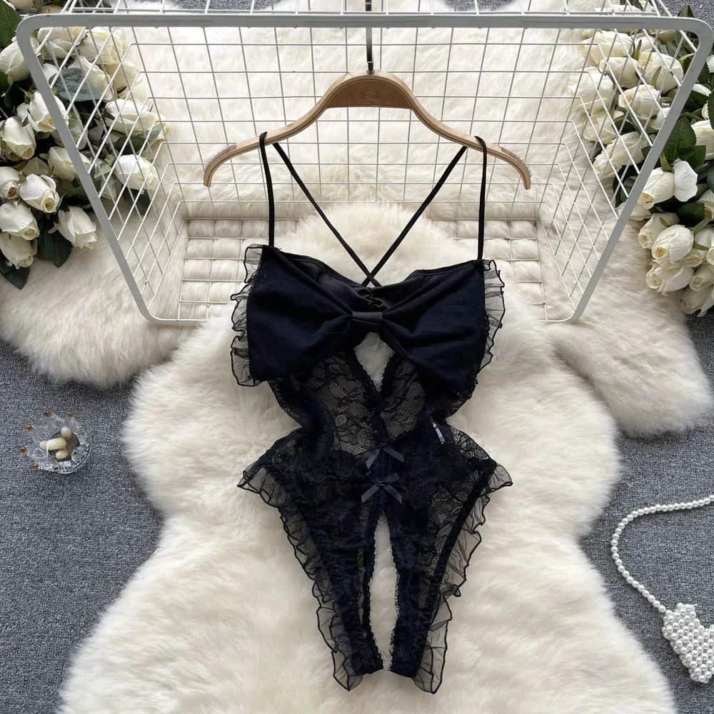 Satin Comfortable Strap Lace Spliced Sheer Lingerie