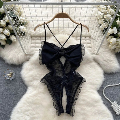 Satin Comfortable Strap Lace Spliced Sheer Lingerie