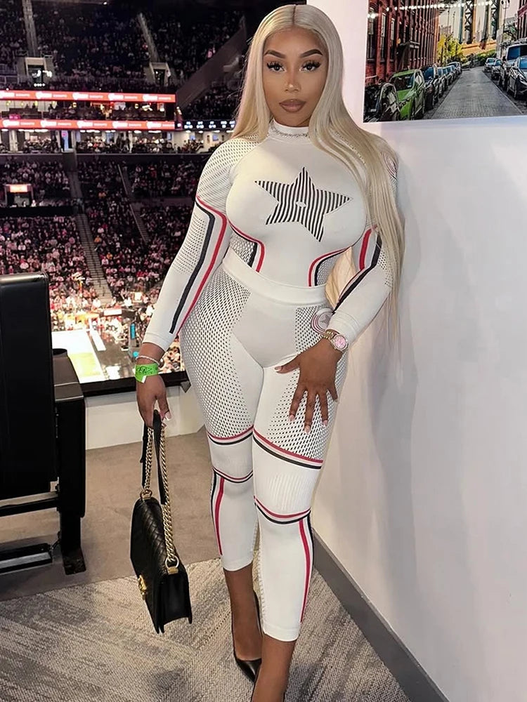Stars Print 2 Piece Set Women Autumn o-Neck Full Sleeve Crop Tops+Leggings Matching Basic Streetwear Sporty Outfits
