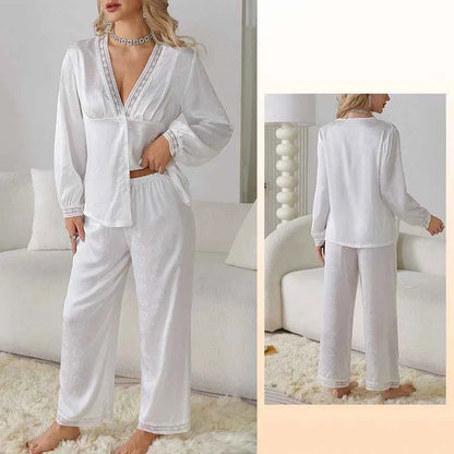 Satin Trousers + V-Neck Comfortable Jacquard Pajama Sets