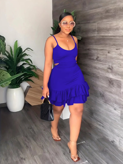 European and American Fashion Sling Low-cut Ruffled Mini Dress