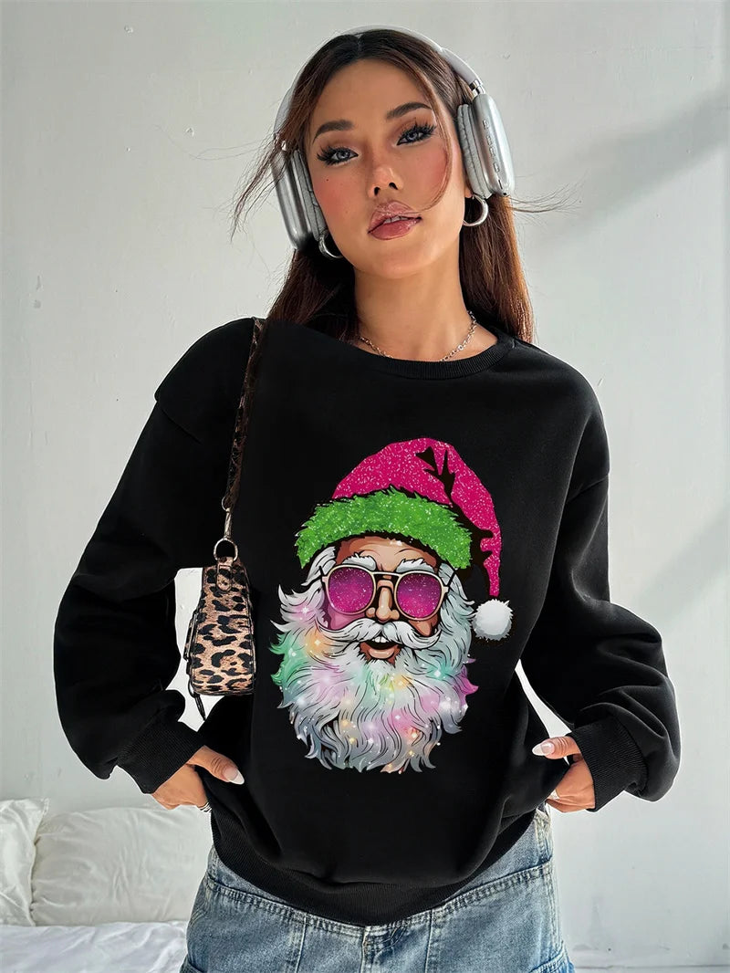 Christmas Tops Women Casual Snowflake Santa Claus T-shirt Tee Long Sleeve Basic Xmas Hoodie Pullover Oversize Women's Sweatshirt