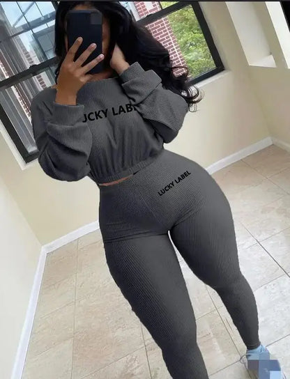 Winter Solid Lucky Label Letter Embroidery Two Piece Sets Women Sweatshirt+Leggings Casual Sporty Tracksuits Female