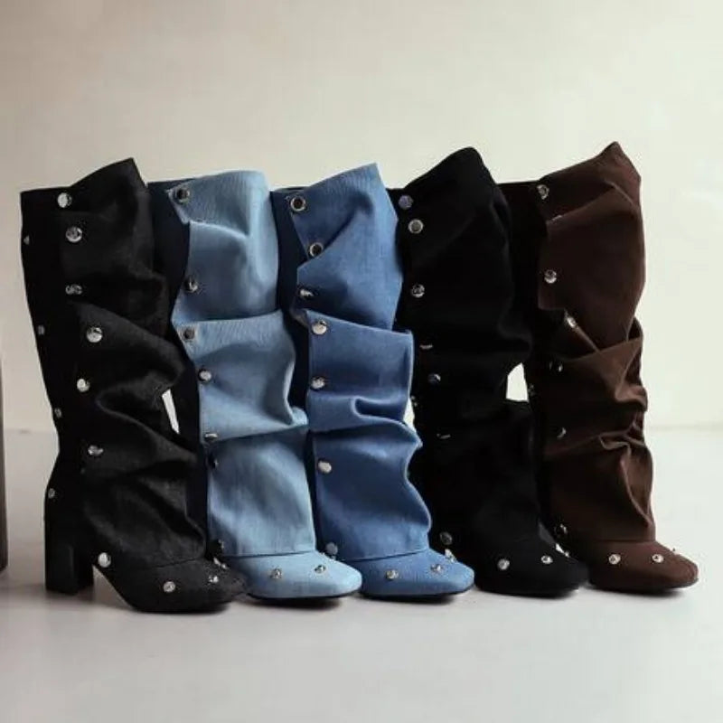 Enashua Denim Square Toe Detachable Rivets 7cm Thick Heel and Knee Length Boots