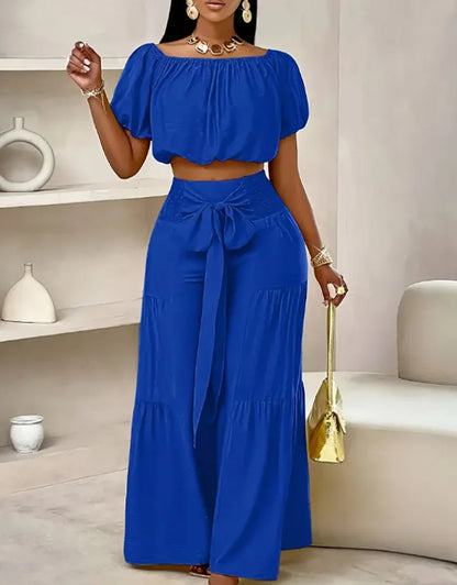 Puff Sleeve O Neck Tops + High Waist Wide Leg Pants (2 Pcs.)