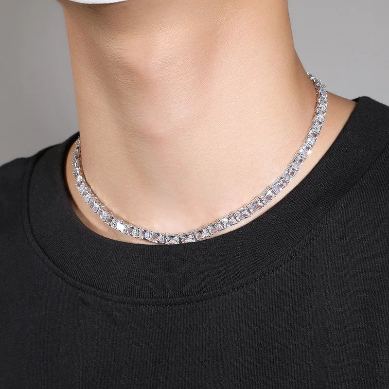 1 Row Square CZ Stone Tennis Link Chain Choker Necklace (Unisex)