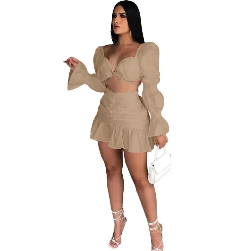 Angel V Neck Crop Top Ruffle Skirt +Top Set