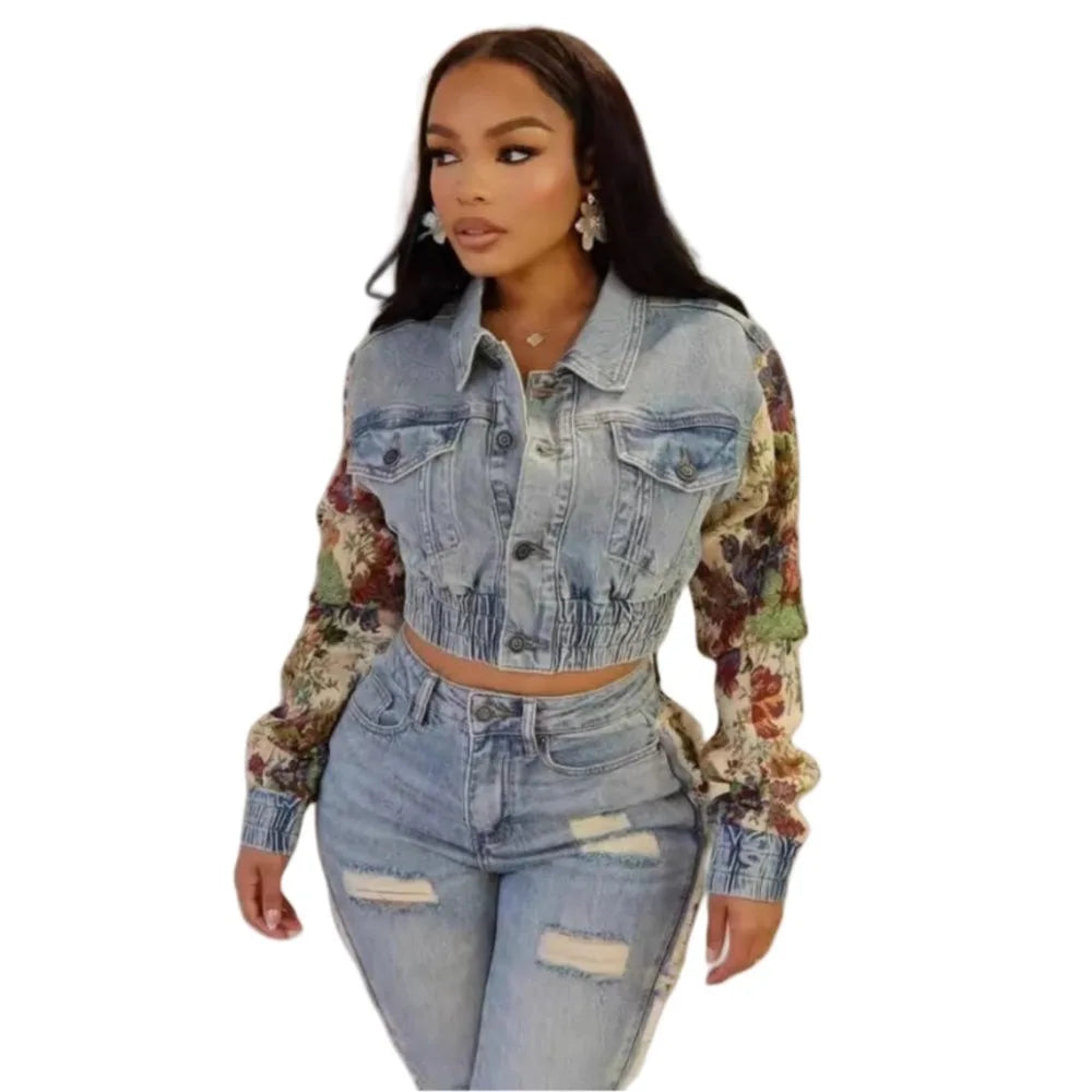 Zenzi Printed Patchwork Denim Jacket (Buttons Pocket)