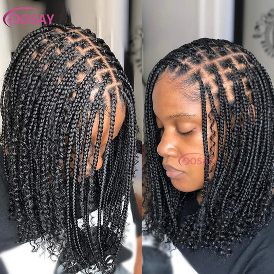 Sue Synthetic Curly Wigs Short Bob 360 Full Lace Braids Wigs 12 Inch Boho Knotless Braided Wigs Goddess Box Wig Pre-Pluck Baby Hair