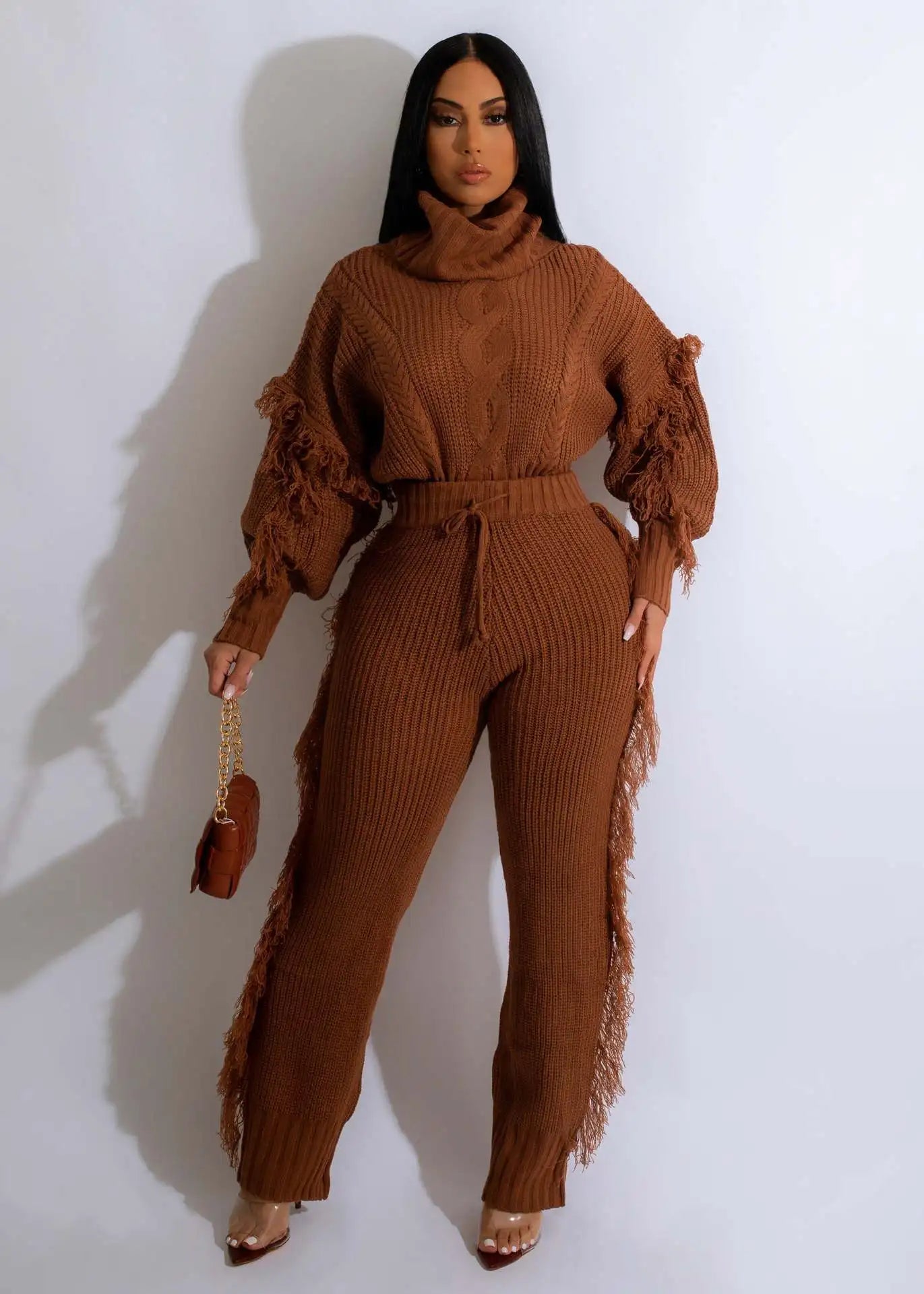 Ty'Anna Knitted Long Sleeve Pullover Top + Sweater Pant Set(Suit)