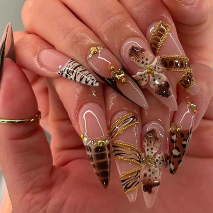24pcs French Almond Press on Nails Leopard Print False Nails 3D Bow Wearable Stick-on Nails Fake Nail Uñas Накладные Ногти 네일팁