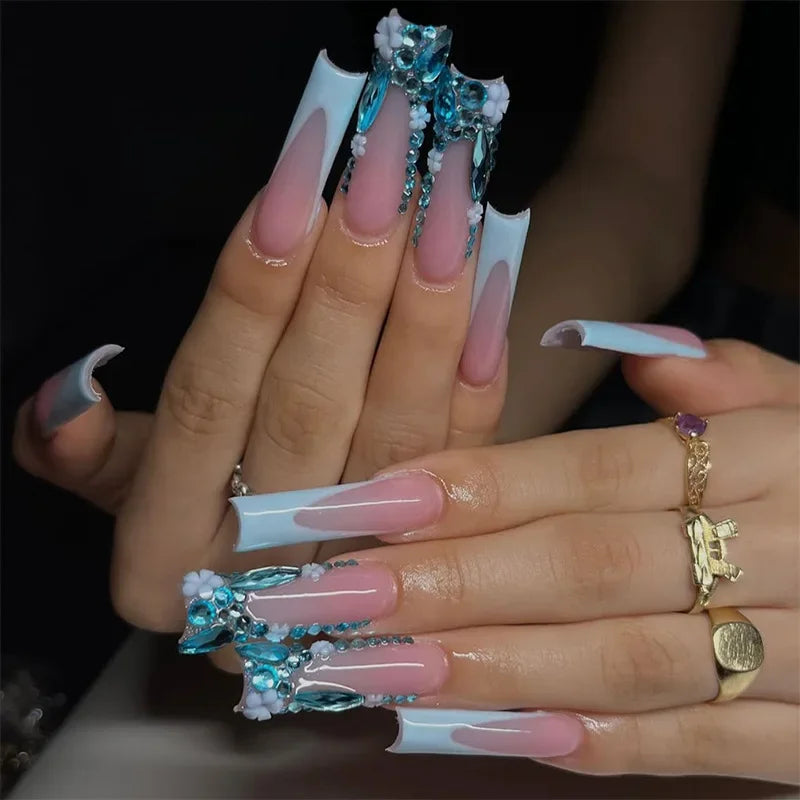 24Pcs Long Square Press on Nails Leopard Print French 3D Cherry Design False Nail Rhinestone Wearable Full Cover Fake Nails Tips