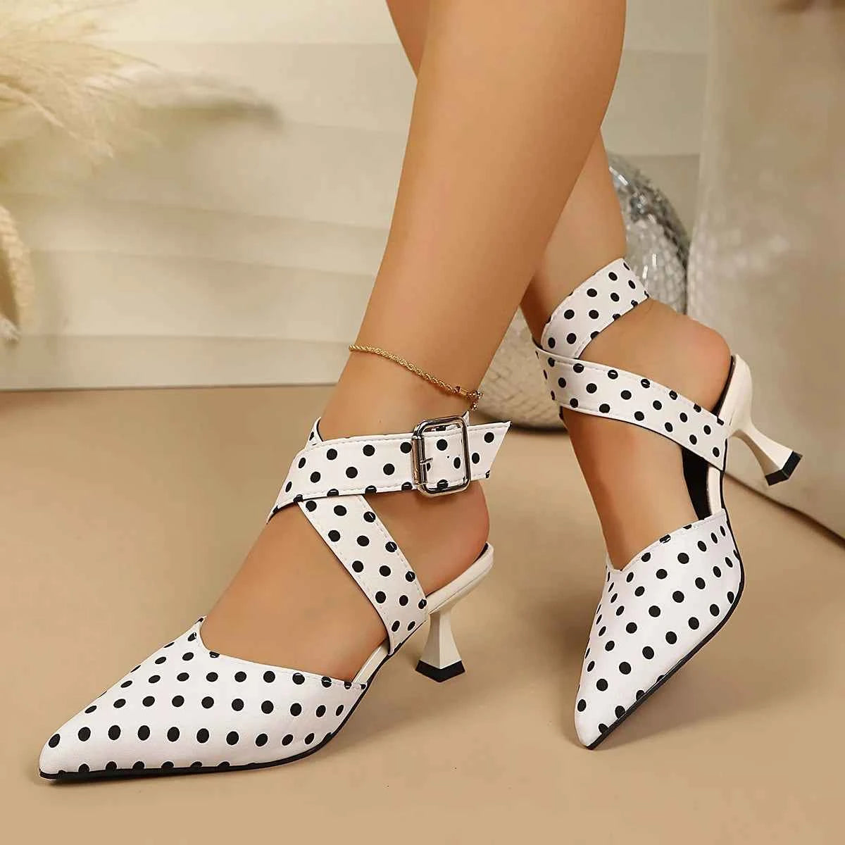 New Polka Dot Slip-On Buckle Strap Elegant Footwear for Women