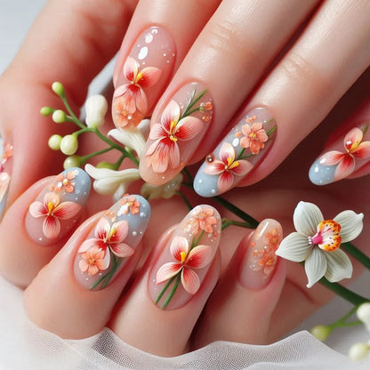 24Pcs Autumn Winter Matte Almond False Nails with Glue Rose Leaf Printing Nail Art Simple Full Cover Press on Acrylic Nails Tips