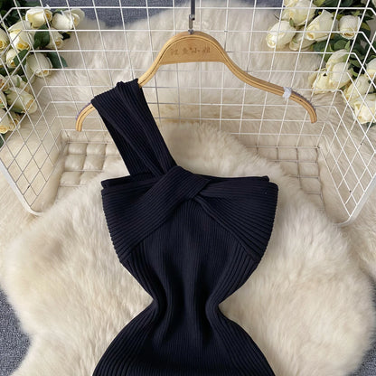 Single Shoulder Ink Knit Dress Backless Tank Striped Slim Bodycon Sundress Women Summer Beachwear Sexy Chic Vestidos