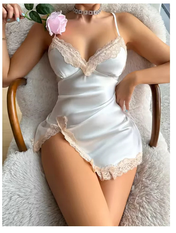 Lace Trim Leopard Nightdress V Neck Backless Side Split Slip Sleepwear Dresses