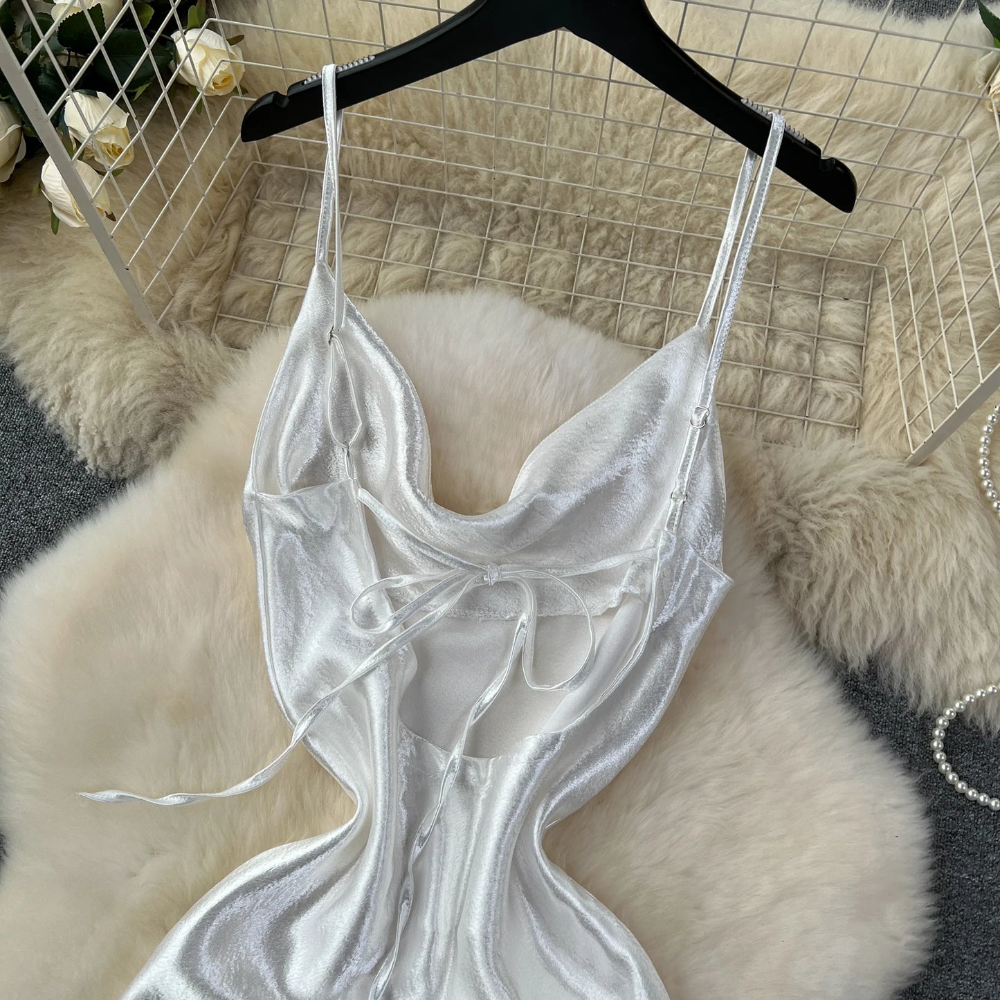 White Spaghetti Strap Satin Glowing Dresses