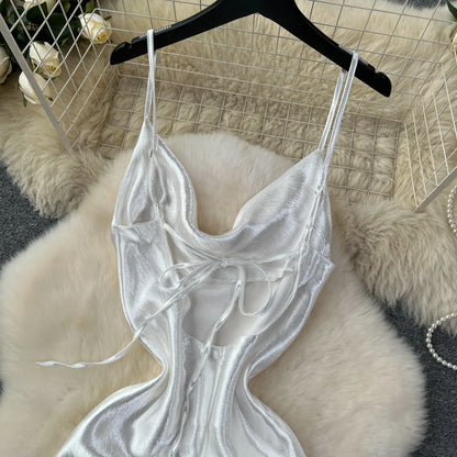 White Spaghetti Strap Satin Glowing Dresses