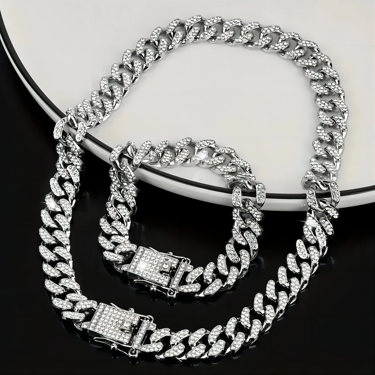 Punk Cuban Chain Stylish Sliver Cuban Chain+Bracelet 2-in-1 Set Personality Trend Street Style Jewelry Gift