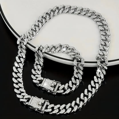 Punk Cuban Chain Stylish Sliver Cuban Chain+Bracelet 2-in-1 Set Personality Trend Street Style Jewelry Gift