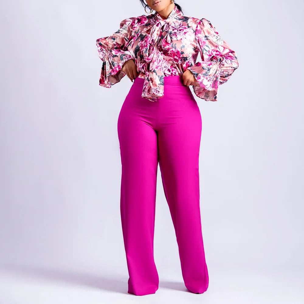 Natalie 2 Piece Women's Flower Print Top Shirt Pants Suit (Wide-leg Pants)