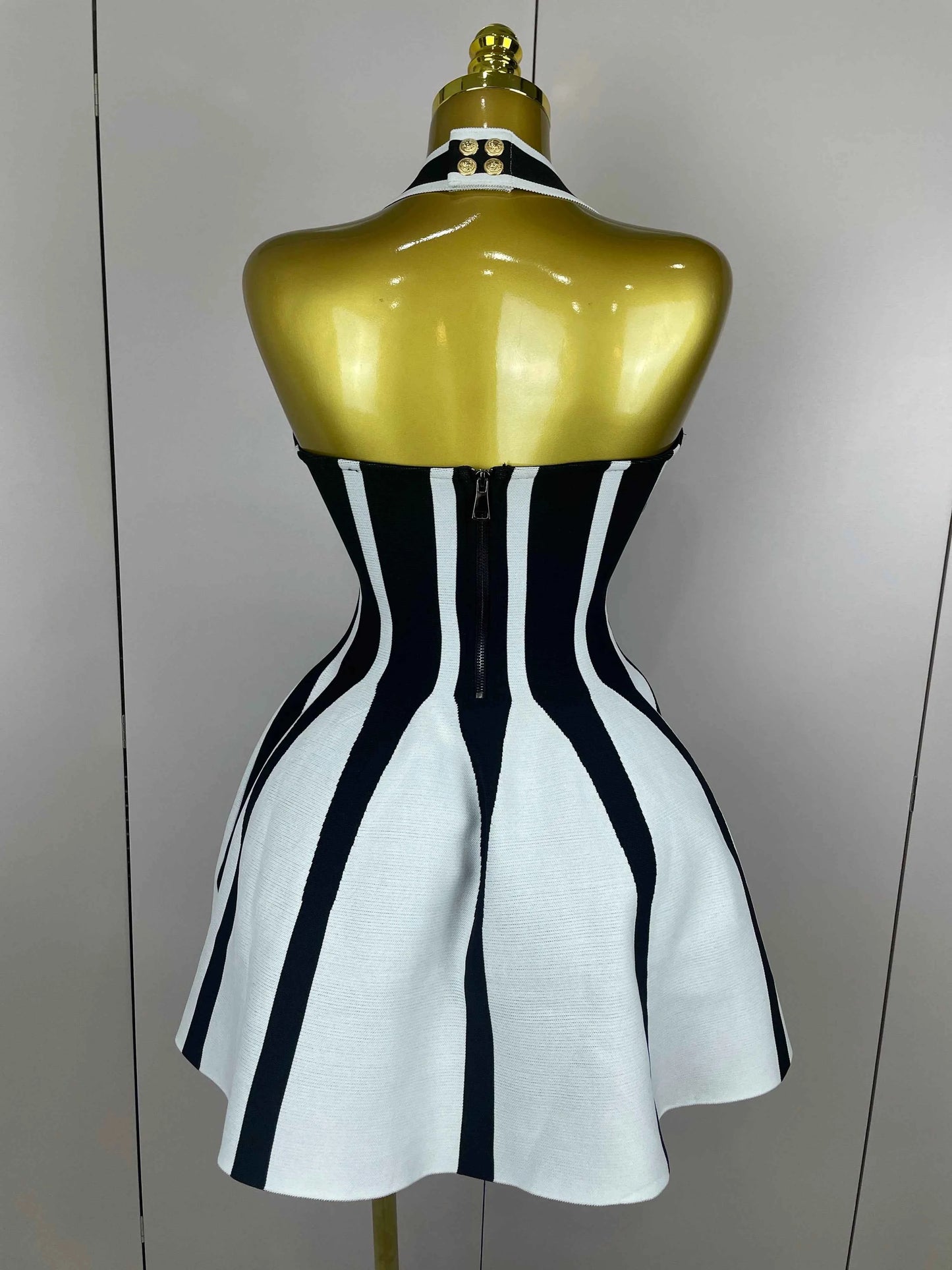 Celebrity Elegant Evening  Backless Black White Stripes Halter Bandage A Line Mini Dresses