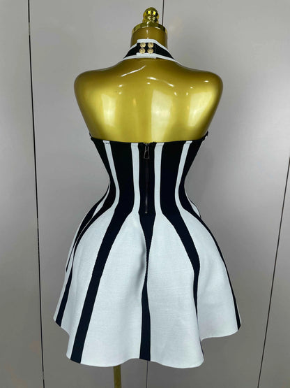 Celebrity Elegant Evening  Backless Black White Stripes Halter Bandage A Line Mini Dresses
