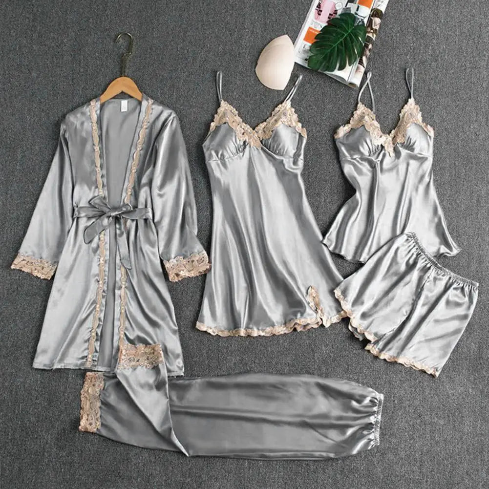 5Pcs/Set Women Pajamas Set Nightgown Nightdress Top Shorts Pants Set