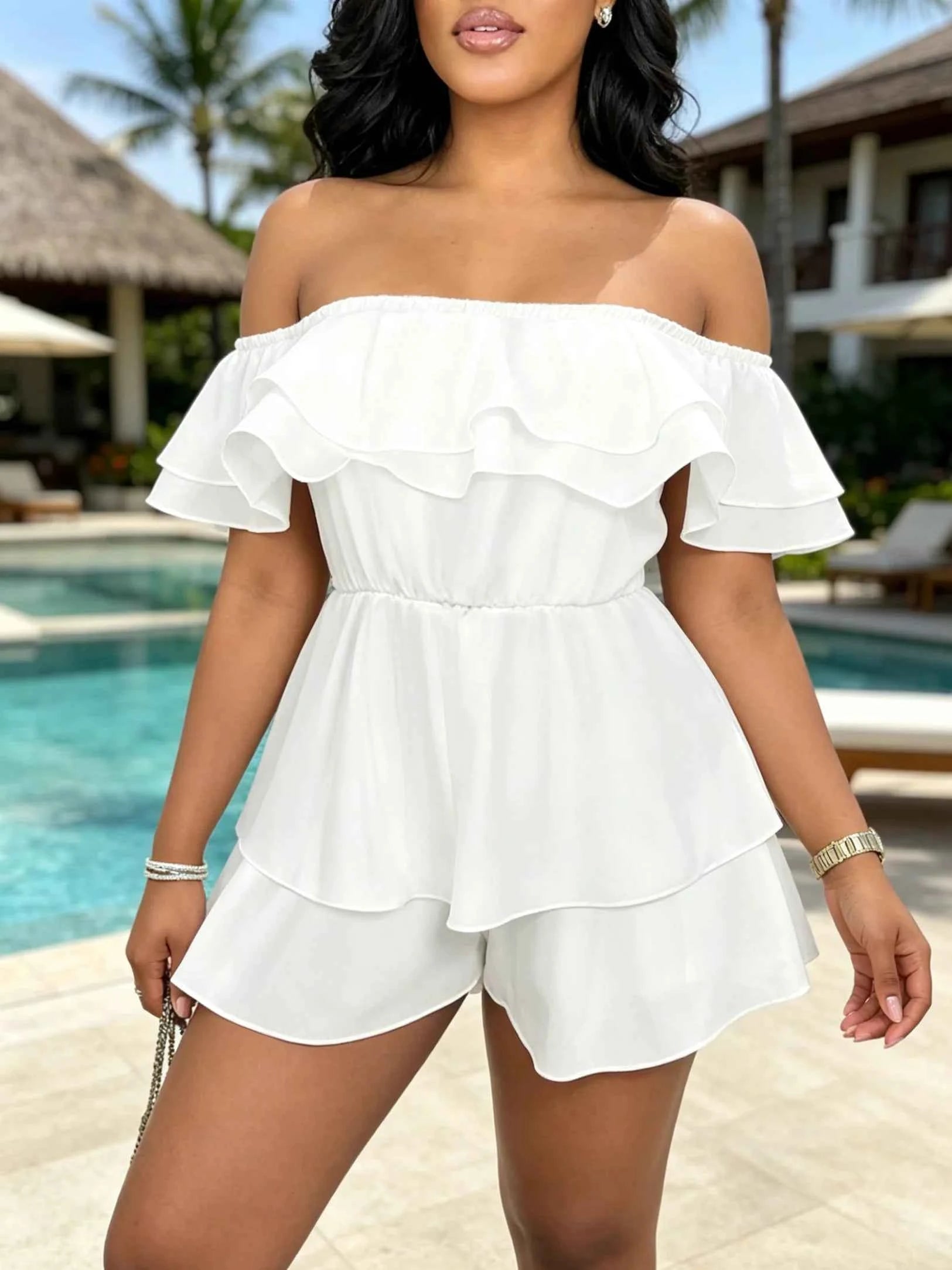 White Off Shoulder Ruffle Romper - Sweet Layered Ruffle Sleeve High Waist Tiered Mini Jumpsuit for Beach Vacation & Casual