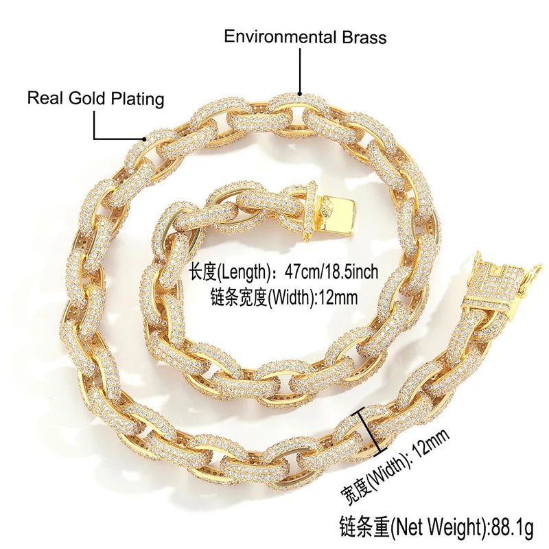 7"-24" Hip Hop 5A+ CZ Stone Paved Bling Iced Out O Shape Link Chain Necklaces (Gold Silver Color Gift)