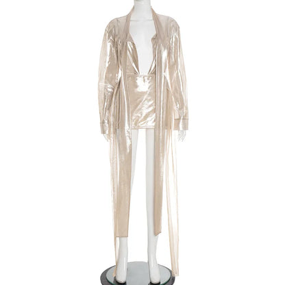 Tassel Patchwork 2 Piece Sets Women Outfit See Through Long Sleeve Crop Top + Skirt Suits Female Streetwear New