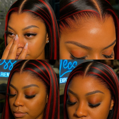 200% Upgraded 1B/99J Black With Red Bone Straight 5x5 Highlight Wig Human Hair Brazilian Burgundy Colored Glueless Wig