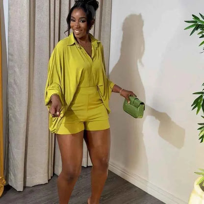Solid Batwing Sleeve Loose Shirt Top + Shorts Casual Matching Sets