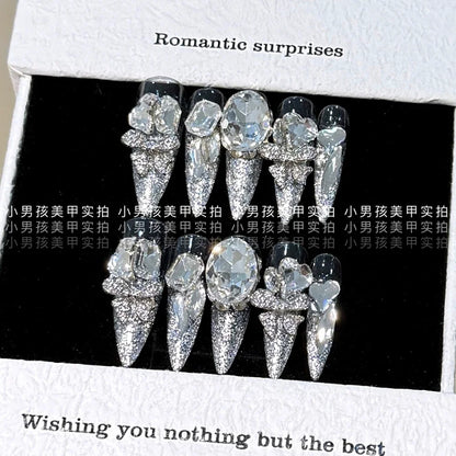 10Pcs Luxury Court Handmade Long Stiletto Full Cover Nails 3D Spice Girl Sparkling Diamond Bow Pearl Flowers Wearable Fake Nails