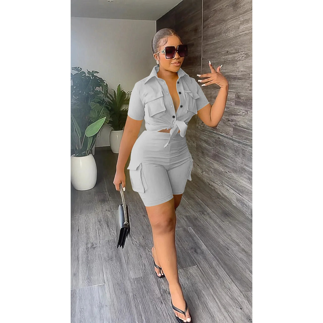 Pockets Short Sleeve Button-Up Shirt Top + Short Matching Sets