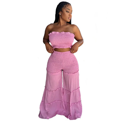 2pc Boho Ruffled Strapless Crop Tube Top + Wide Leg Pants Suit
