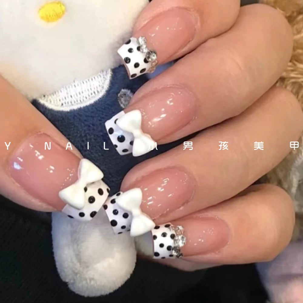 10Pcs Luxury Court Handmade Long Stiletto Full Cover Nails 3D Spice Girl Sparkling Diamond Bow Pearl Flowers Wearable Fake Nails