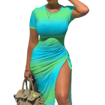 Trendy Printed Slim Bodycon Short Sleeves Drawstring Slit Midi Dresses